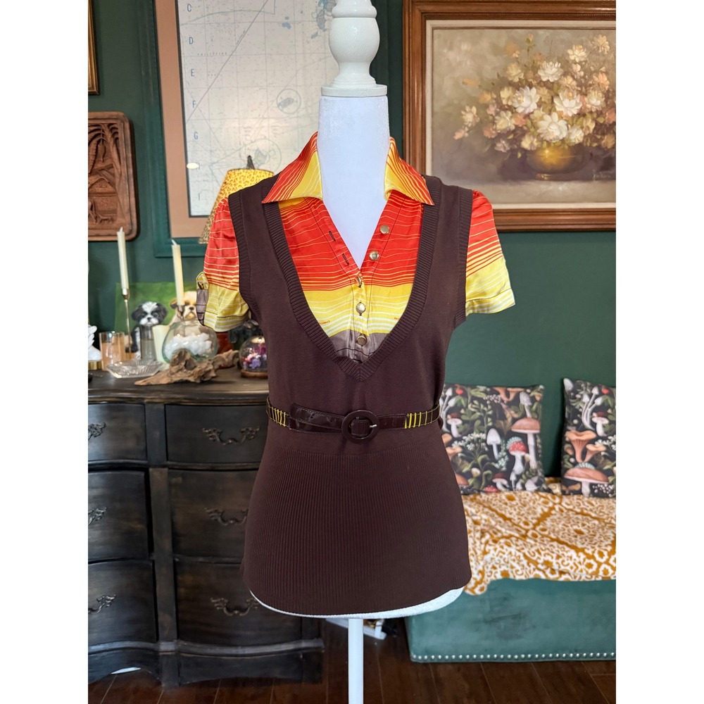 Bebe Brown Sweater Vest Layered Striped Shirt Top Sunset 70s Retro Belted Medium